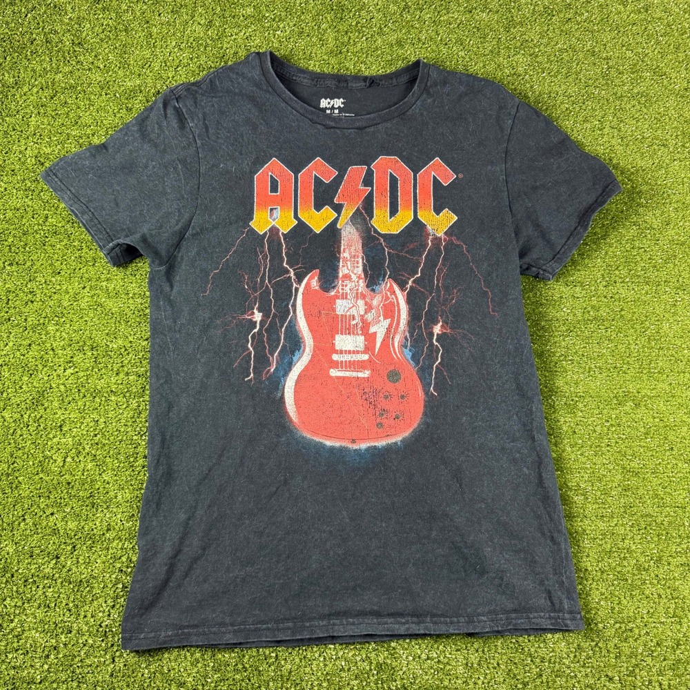 AC/DC Graphic T-Shirt Mens Medium Black Electric Guitar Lightning Rock Band Tee